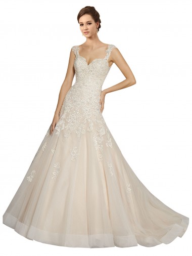 Marfil & Champán Sirena Cuello de Corazón Cola capilla Tul Encaje Vestidos de novia Venta