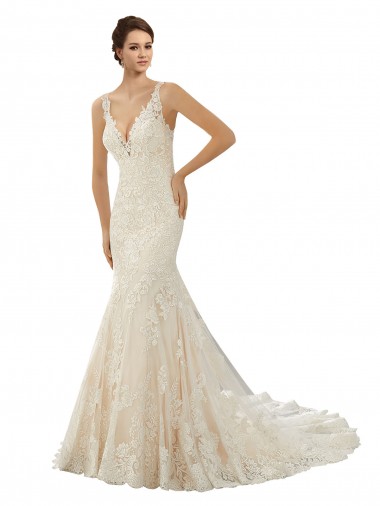 Marfil & Champán Sirena Cuello en V Cola capilla Encaje Vestidos de novia Venta