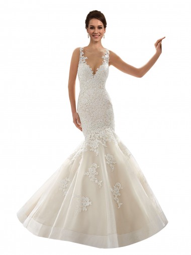 Marfil & Champán Sirena Cuello en V Cola capilla Tul Encaje Clásico Vestidos de novia Venta