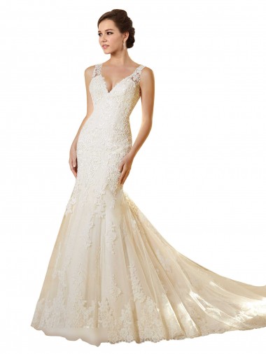Marfil & Champán Sirena Cuello en V Cola capilla Tul Encaje Vestidos de novia Venta