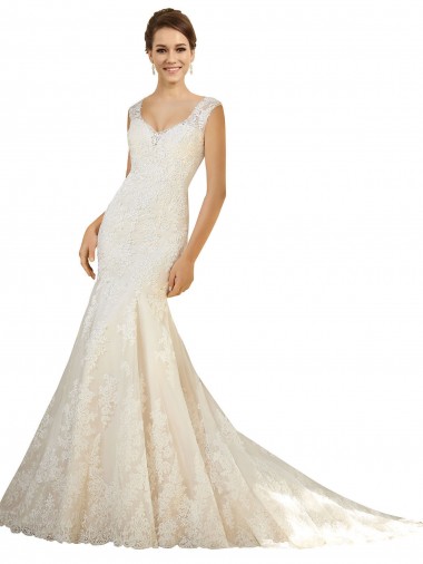 Marfil & Champán Sirena Cuello en V Cola capilla Tul Encaje Vestidos de novia Venta