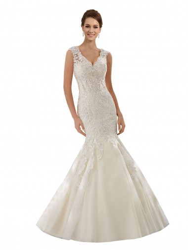 Marfil & Champán Sirena Cuello en V Cola capilla Tul Encaje Vestidos de novia Venta