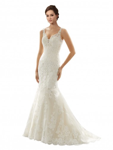 Marfil & Champán Sirena Cuello en V Cola capilla Tul Encaje Vestidos de novia Venta