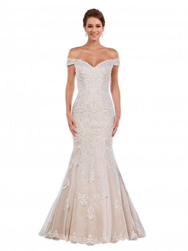 Marfil & Champán Sirena Hombros Descubiertos Cola capilla Encaje Clásico Vestidos de novia Venta