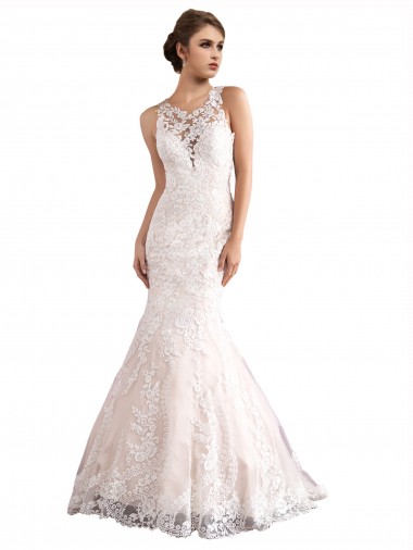 Marfil & Champán Sirena Ilusión Tren catedral Tul Encaje Vestidos de novia Venta