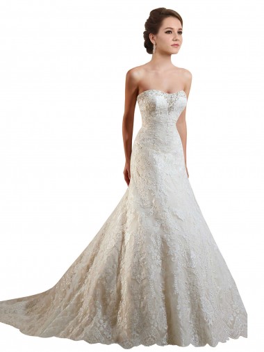 Marfil & Champán línea A Cuello de Corazón Cola capilla Encaje Vestidos de novia Venta