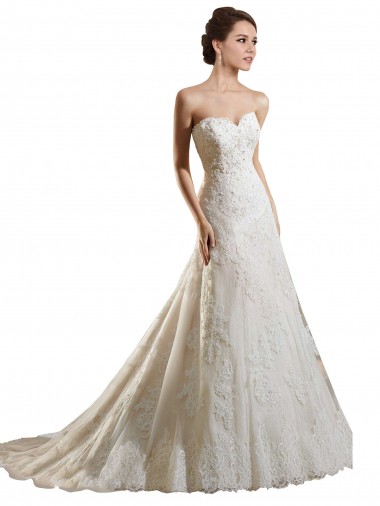 Marfil & Champán línea A Cuello de Corazón Cola capilla Tul Encaje Vestidos de novia Venta