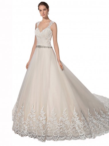 Marfil & Champán línea A Cuello de Corazón Cola capilla Tul Encaje Vestidos de novia Venta