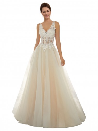 Marfil & Champán línea A Cuello en V Cola capilla Tul Encaje Clásico Vestidos de novia Venta