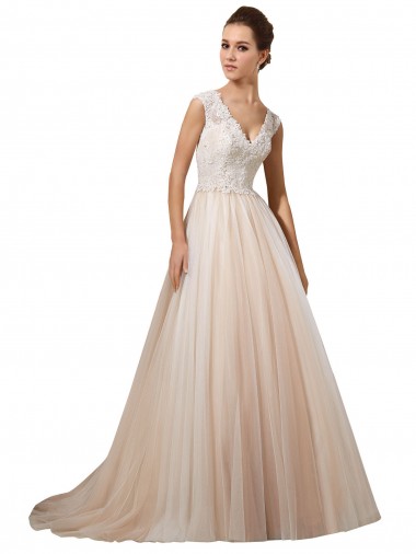 Marfil & Champán línea A Cuello en V Cola capilla Tul Encaje Vestidos de novia Venta