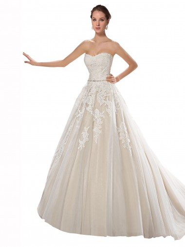 Marfil & Champán línea A Sin tirantes Cola capilla Tul Encaje Vestidos de novia Venta