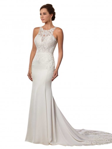 Marfil Cubierta Cuello Alto Cola capilla Encaje Vestidos de novia Venta