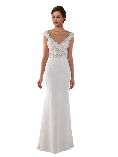 Marfil Cubierta Cuello en V Cola capilla Encaje Crepé Elástico Vestidos de novia Venta