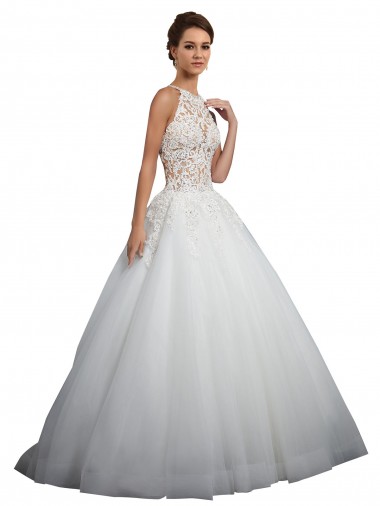 Marfil Cuello Alto Cola capilla Tul Encaje Vestidos de novia Venta