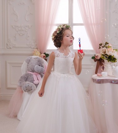 Marfil Cuello Alto Tul Encaje Largo vestidos de niña de las flores Venta