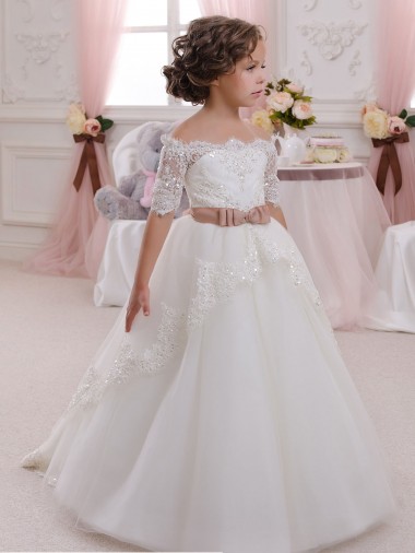 Marfil Cuello Alto Tul Encaje Largo vestidos de niña de las flores Venta