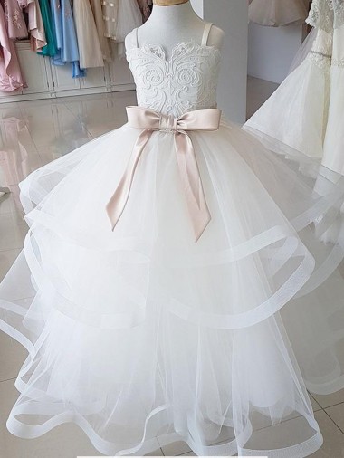 Marfil Cuello Alto Tul Encaje Largo vestidos de niña de las flores Venta