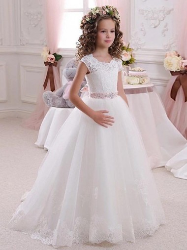 Marfil Cuello Alto Tul Encaje Largo vestidos de niña de las flores Venta