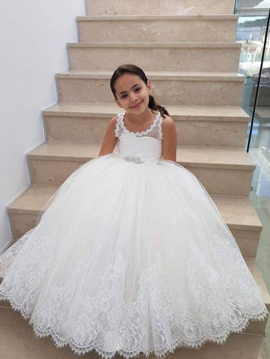Marfil Cuello Alto Tul Encaje Largo vestidos de niña de las flores Venta