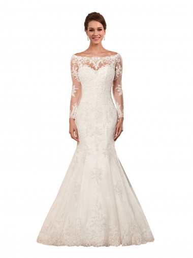 Marfil Sirena Barco Cola capilla Encaje Vestidos de novia Venta