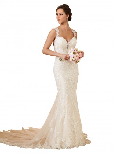 Marfil Sirena Cuello de Corazón Cola capilla Encaje Vestidos de novia Venta