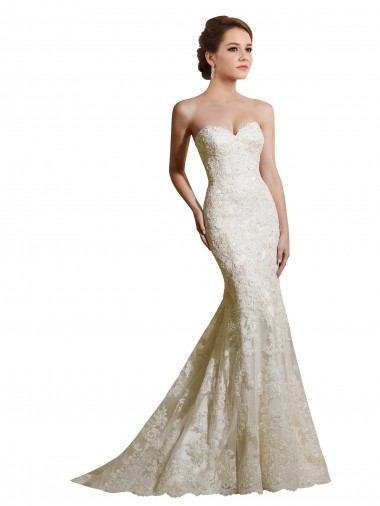 Marfil Sirena Cuello de Corazón Cola capilla Satén Encaje Vestidos de novia Venta