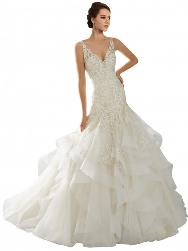 Marfil Sirena Cuello en V Cola capilla Tul Vestidos de novia Venta
