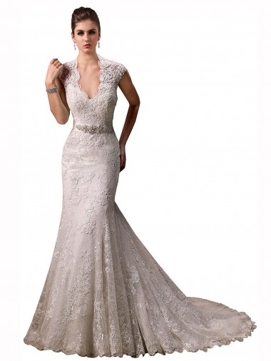 Marfil Sirena Halter Cuello en V Cola capilla Encaje Vestidos de novia Venta