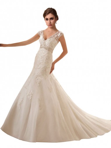Marfil línea A Cuello en V Cola capilla Tul Encaje Vestidos de novia Venta