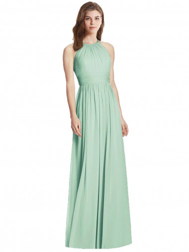 Menta Verde línea A Halter Gasa Largo Vestidos de dama de honor Venta