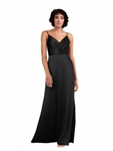 Negro Columna Cuello en V Satén sedoso Largo Asimétrico Formales Vestidos de dama de honor / Vestidos de fiesta Venta