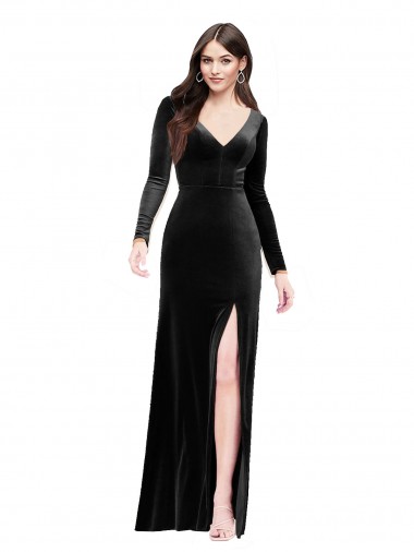Negro Columna Cuello en V Terciopelo Elástico Largo Formales Vestidos de dama de honor / Vestidos de fiesta Venta