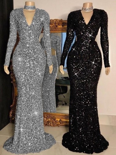 Negro Cubierta Cuello en V Barrer tren Lentejuelas Terciopelo Largo Vestidos de fiesta Venta