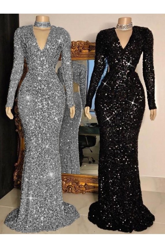 Compra Negro Cubierta Cuello en V Barrer tren Lentejuelas Terciopelo Largo Vestidos de fiesta