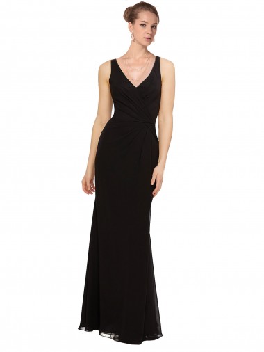 Negro Cubierta Cuello en V Gasa Largo Vestidos de dama de honor Venta