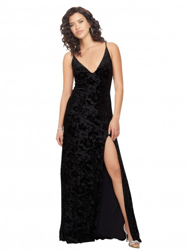 Negro Cubierta Cuello en V Terciopelo floral Terciopelo Elástico Largo Vestidos de dama de honor Venta