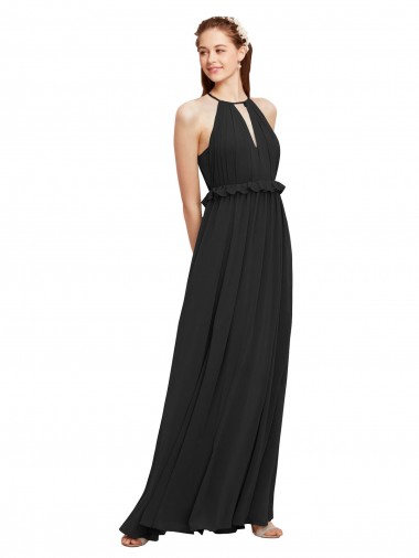 Negro Cubierta Halter Gasa Largo Vestidos de dama de honor Venta