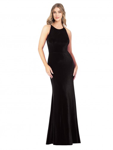 Negro Cubierta Tirantes espagueti Cuello joya Terciopelo Elástico Largo Formales Vestidos de dama de honor / Vestidos de fiesta Venta