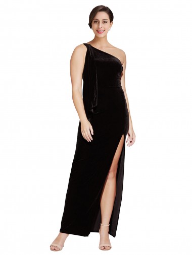 Negro Cubierta Un Hombre Terciopelo Elástico Largo Formales Vestidos de dama de honor / Vestidos de fiesta Venta