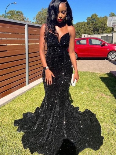 Negro Sirena Cuello de Corazón Lentejuelas Terciopelo Largo Vestidos de fiesta Venta