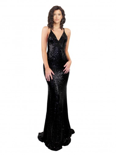 Negro Sirena Cuello en V Lentejuela Largo Formales Vestidos de dama de honor / Vestidos de fiesta Venta