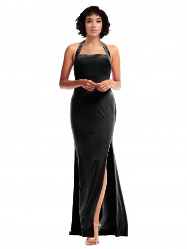 Negro Sirena Halter Terciopelo Elástico Largo Formales Vestidos de dama de honor / Vestidos de fiesta Venta