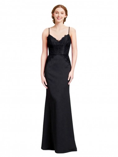 Negro Sirena Tirantes espagueti Cuello en V Crepé Elástico Largo Vestidos de dama de honor / Vestidos de fiesta Venta