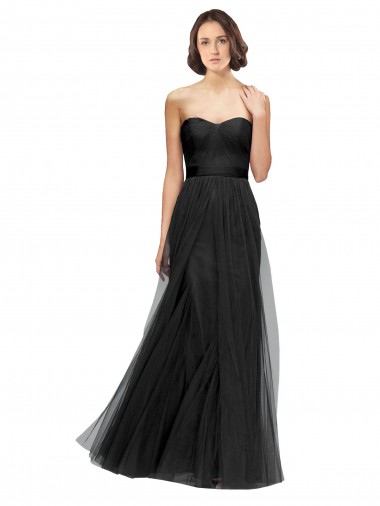 Negro línea A Cuello de Corazón Tul Largo Vestidos de dama de honor Venta