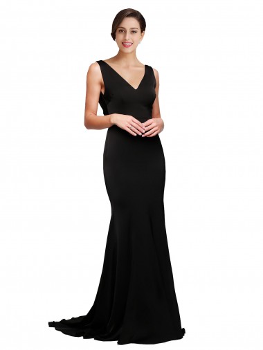 Negro línea A Cuello en V Barrer tren Satén sedoso Largo Formales Vestidos de dama de honor / Vestidos de fiesta Venta