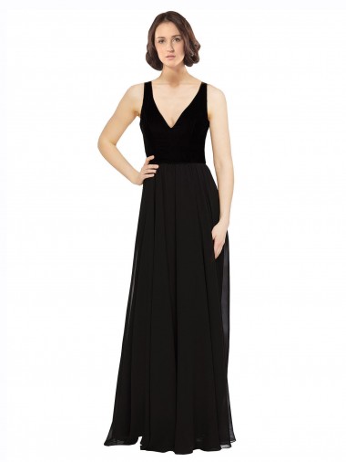 Negro línea A Cuello en V Gasa Terciopelo Largo Vestidos de dama de honor / Vestidos de fiesta Venta