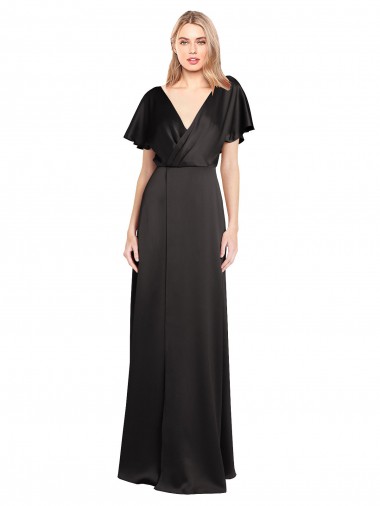Negro línea A Cuello en V Satén elástico Largo Formales Vestidos de dama de honor / Vestidos de fiesta Venta