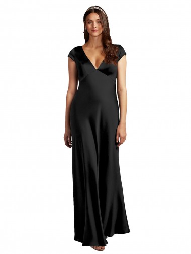 Negro línea A Cuello en V Satén elástico Largo Formales Vestidos de dama de honor / Vestidos de fiesta Venta
