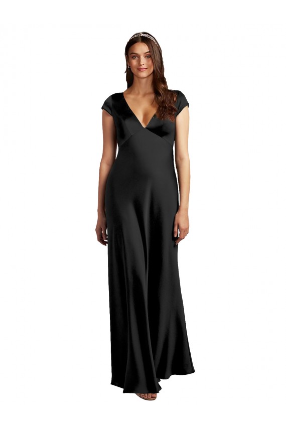 Compra Negro línea A Cuello en V Satén elástico Largo Formales Vestidos de dama de honor / Vestidos de fiesta