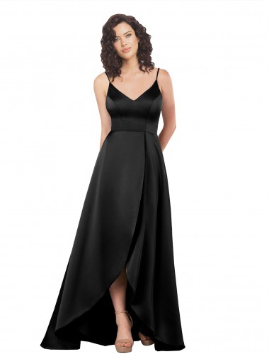Negro línea A Cuello en V Satén sedoso Largo Asimétrico Formales Vestidos de dama de honor / Vestidos de fiesta Venta